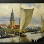 Drei Zillen auf der Neuen Fahrt mit Blick zur Heilig-Geist-Kirche, 1907 (?), Öl auf Sperrholz, 40,4 × 67,0 cm, Museum Potsdam, rechts unten signiert mit Max Koch